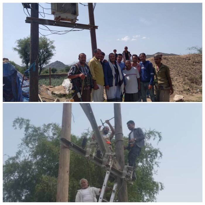 بدعم وحضور مدير عام قعطبة.. ايصال التيار الكهربائي إلى منطقة حمر القوز
