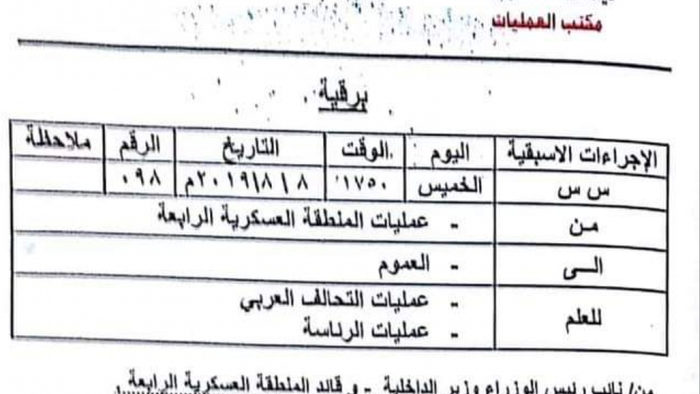 وثيقة | دعوة لوقف إطلاق النار والاستعانة بمقاتلات التحالف لضرب من يخالف